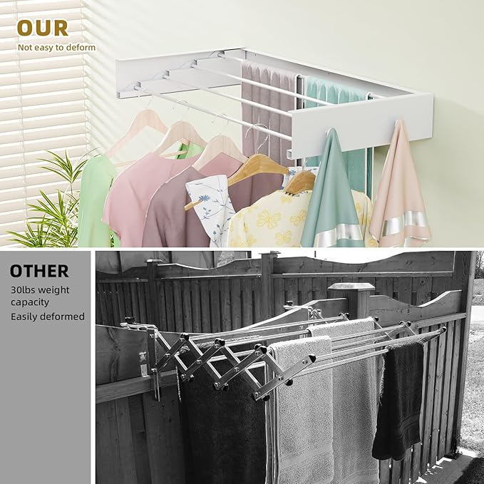 Wall Mounted Drying Rack for Laundry 23.6'', Foldable Laundry Drying Rack Clothing Wall Mount with 4 Towel Hooks and 4 Rods, Space Saving for Indoor Outdoor Bathroom Balcony (White, 23.6'')-Ruum Studio Home