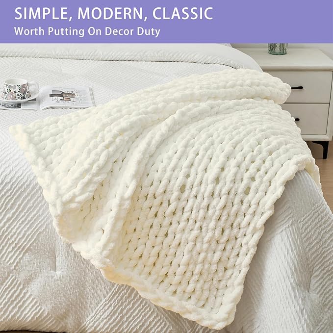 Bigacogo Chunky Knit Throw Blanket for Couch, 40x40 inches, 100% Hand Knitted with Thick Jumbo Chenille Yarn, Cozy Soft Large Rope Knot Cable Crochet Blankets for Sofa Bed Living Room, Ivory-Ruum Studio Home