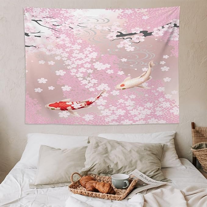 Houselerax Japanese Koi Fish Tapestry, Cherry Blossoms Asian Oriental Pink Flower Branch Koi Fish Carp Tapestries Wall Hanging for Bedroom Living Room Office Decor 80"x60"-Ruum Studio Home