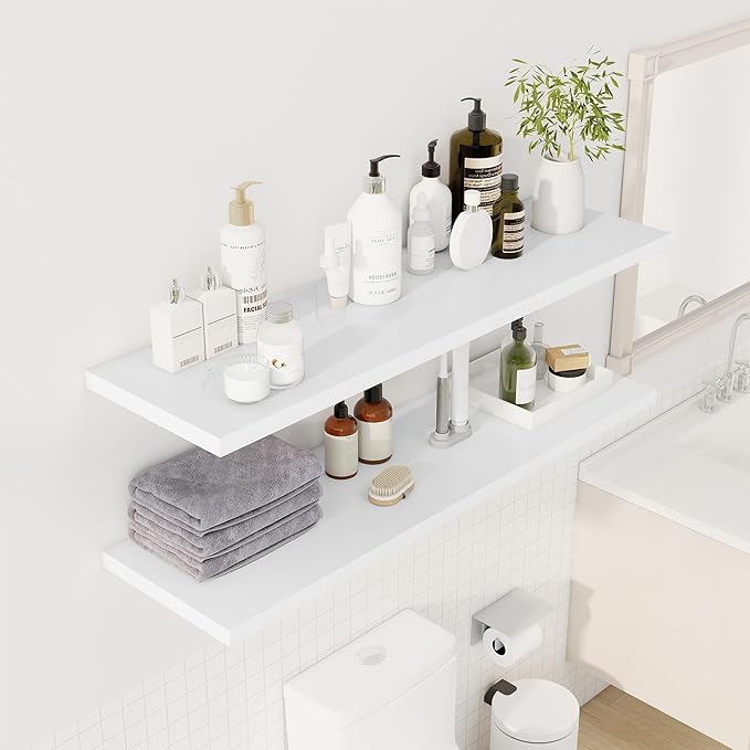 48" Floating Shelves for Wall, 12" Deep Slim White Floating Shelves, Wall-Mounted Shelves for Bedroom, Living Room, Kitchen, Bathroom - Set of 2-Ruum Studio Home