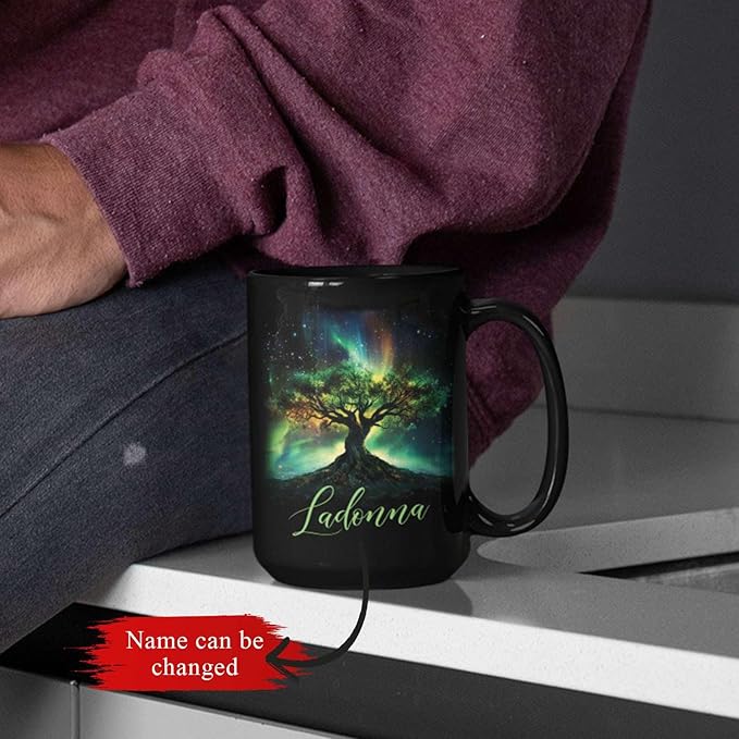 Custom Unique Name Coffee Cup, Customized Mystical Nature Inspired Mug 11oz 15oz, Personalized Enchanted Tree With Northern Lights Ceramic Cup, Nature Black Mug, Gift For Women Men-Ruum Studio Home
