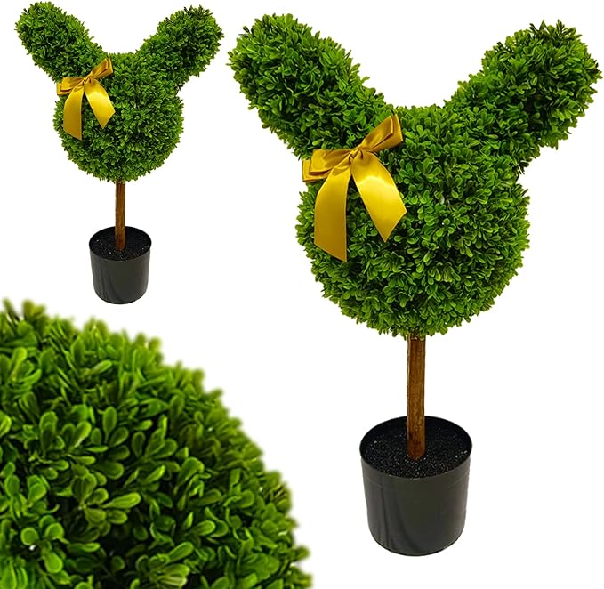 2 Pcs Artificial Bunny Shaped Topiary Trees, Artificial Green Boxwood Bunny Decorations with Gold Bow, Perfect for Indoor & Outdoor Front Porch, Easter& Garden Decor (Bunny Shaped Topiary Tree)-Ruum Studio Home