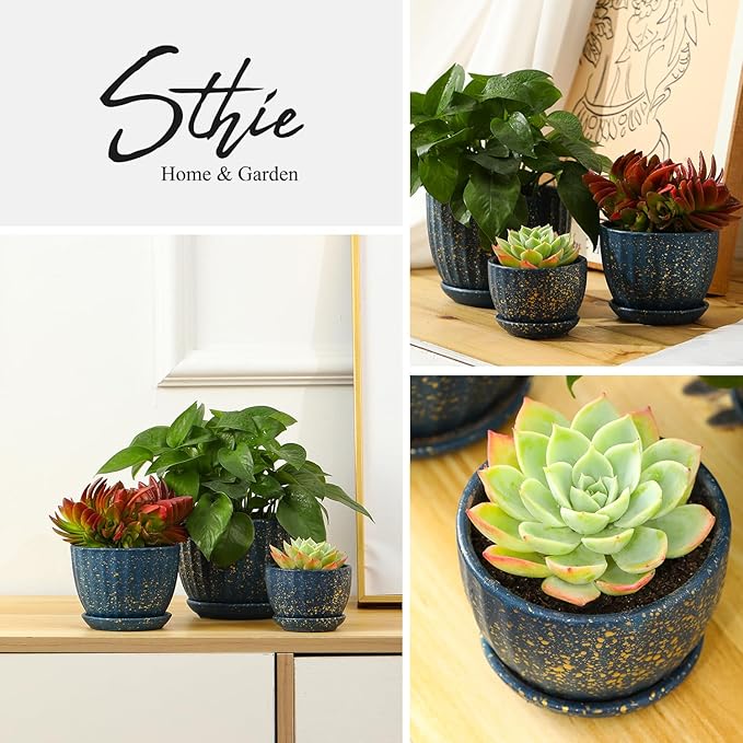 Ceramic Plant Pots with Drainage Holes and Saucers, Round Blue Flower Pots for Indoor Plant, Diameter 3.3/4.3/5.5 Inches Small Mini Flower Planters Set of 3-Ruum Studio Home