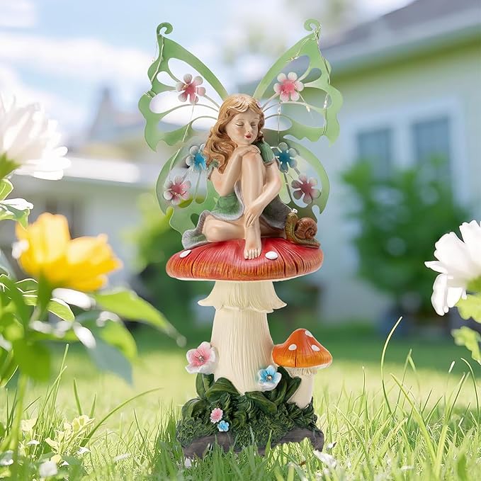 Solar Fairy Garden Decor Flower Fairies Mushroom Figurines with Snail Decor Gifts for Women Mom Miniature Fairy Figurine for Lawn Garden Patio Yard Decorations Outdoor Statue-Ruum Studio Home