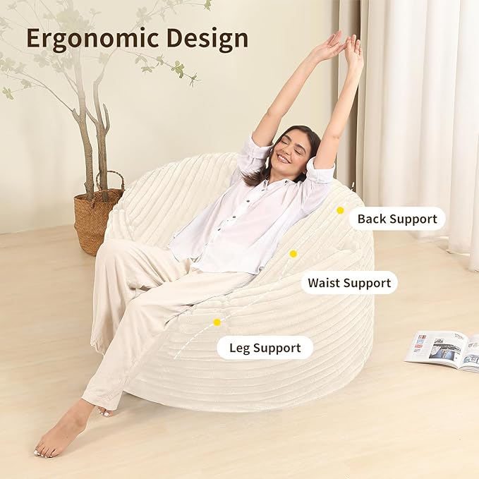 Memory Foam Bean Bag Chair for Adults/Teens, Bean Bag Sofa with Fluffy Removable Cover, for Living Room Bedroom, 3FT White-Ruum Studio Home