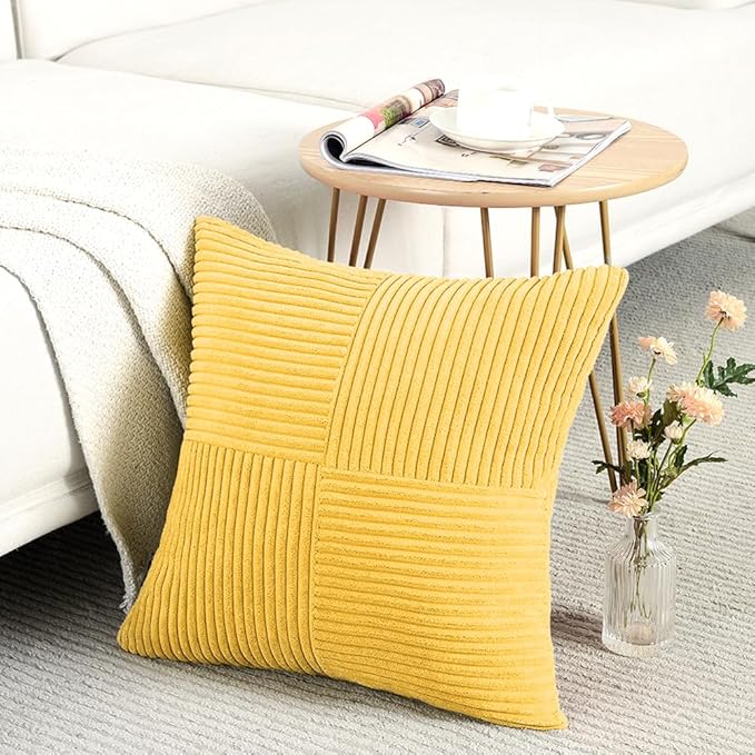 Fancy Homi 2 Packs Yellow Euro Decorative Throw Pillow Covers 26x26 Inch for Couch Bed Sofa, Rustic Farmhouse Boho Home Decor, Soft Corss Corduroy Patchwork Textured Square Cushion Case 66x66 cm-Ruum Studio Home