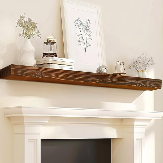 72x8x3 Fireplace Mantel - Solid Rustic Wood - Wall Mounted Floating Shelf with Invisible Heavy Duty Steel Bracket (Weathered Brown)-Ruum Studio Home