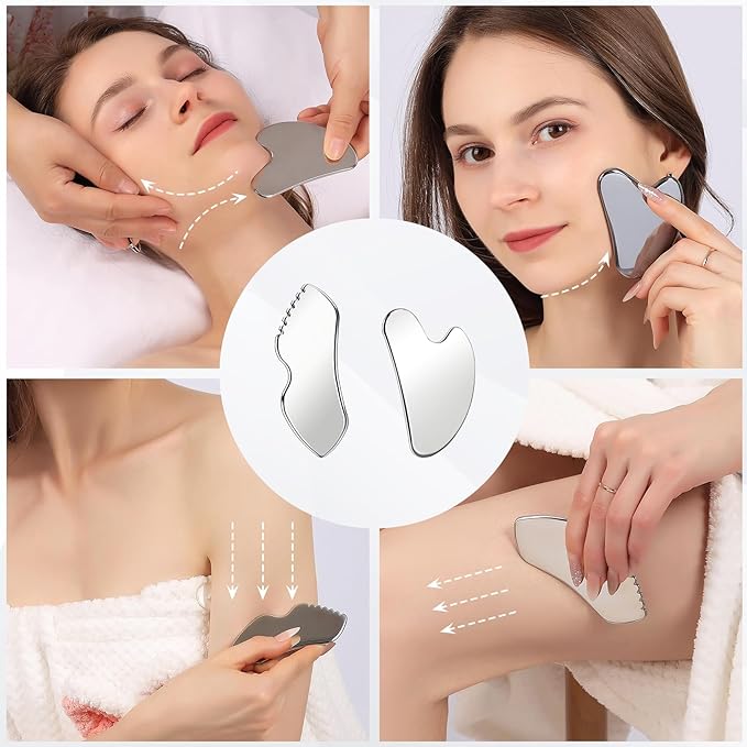 2Pcs Stainless Steel Gua Sha Facial Tools Set, Metal Face Comb Detail Skin Care Tools, Body and Face Gua Sha Sculpting for Tighten Skin Lymphatic Drainage-Ruum Studio Home
