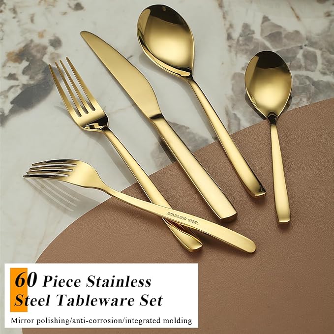 Berglander Gold Silverware Set 60pcs Service for 12, Golden Titanium Plating Stainless Steel Flatware Set, Gold Spoons Forks Knives Set for Home, Wedding, Restaurant, Hotel, Dishwasher Safe-Ruum Studio Home