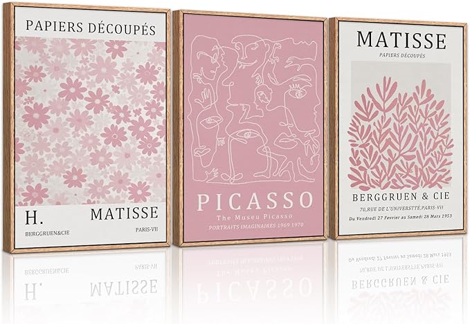 HLNIUC Matisse Pink Wall Art,Neutral Pink Flower Framed Canvas Wall Decor Set of 3(16”x24’) Modern Aesthetic Pictures Wall Painting,Abstract Flower Market Art Print for Living Room,Bedroom-Ruum Studio Home