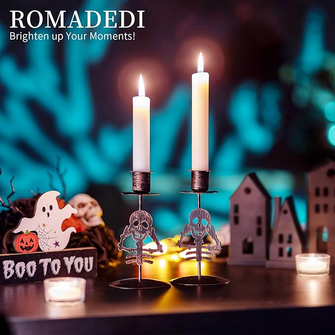 Romadedi Candle Holder for Halloween Decor: Set of 2 Black Gothic Skull Taper Candlestick Table Centerpiece Decorations Spooky Party Dinning Room Home Indoor-Ruum Studio Home