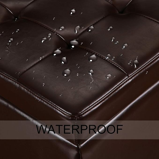 Adeco Bonded Leather Square Tufted Footstool, 18", Brown Storage Ottomans,-Ruum Studio Home
