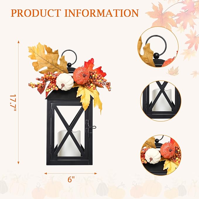 Fall Decor Lantern for Home, Large Decorative Lanterns Outdoor Waterproof 12" Battery Powered Decorative Lanterns Metal Hanging LED Candle Holder, Flameless Candle Lantern for Indoor 2 Packs-Ruum Studio Home