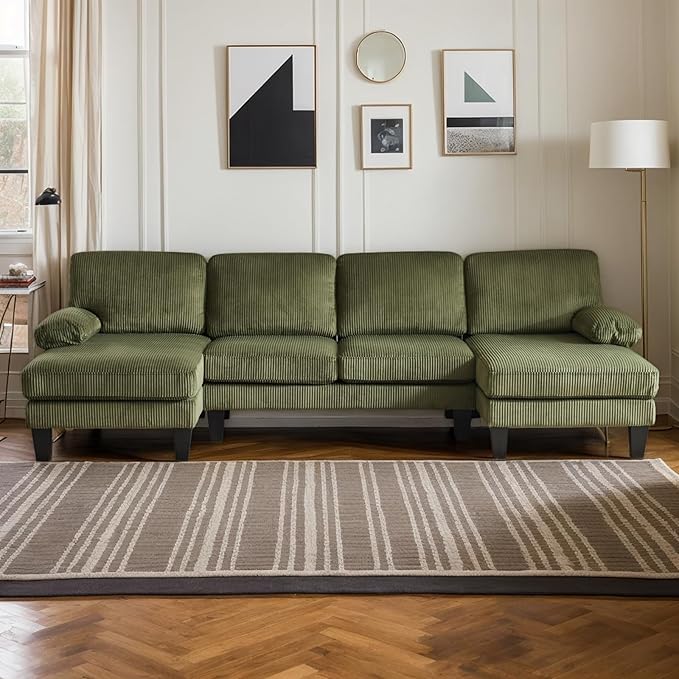 Karl home U-Shape Sectional Sofa Couch 111" Modern 4-Seat Sofa with Chaises Corduroy Fabric Upholstered Covertible Couch with Wood Grain Legs for Living Room, Reception Room, Apartment, Green-Ruum Studio Home