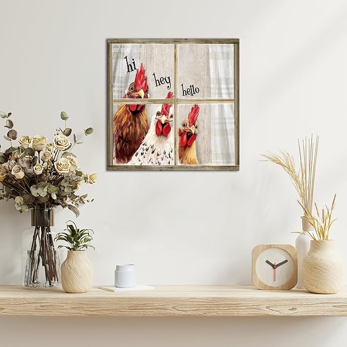 Visual Art Decor Funny Rooster Wall Art Chicken Picture Rustic Farmhouse Front Door Welcome Sign Framed 12x12 inch, Rustic Brown-Ruum Studio Home