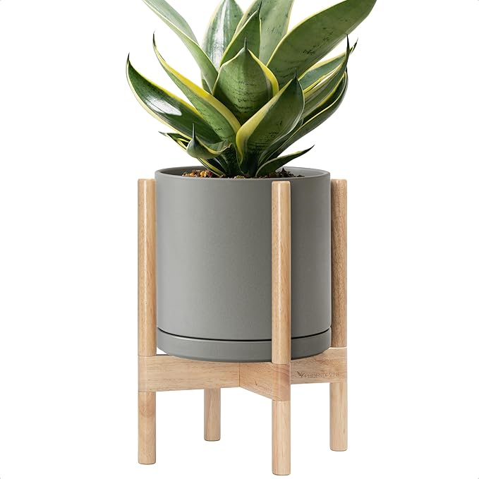 D'vine Dev Ceramic Planter with Natural Stand - 10 Inch Modern Round Flower Pot with Wood Planter Holder, Grey, 55-B-K-3-Ruum Studio Home