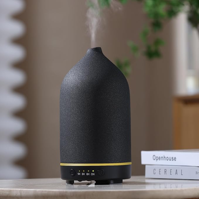 200ML Ceramic Essential Oil Diffuser - Ultrasonic Aromatherapy & Humidifier with 7-Color LED Lights, Auto Shut-Off, Black, 1H/3H/6H Timer | Scent for Home, Office, Yoga-Ruum Studio Home