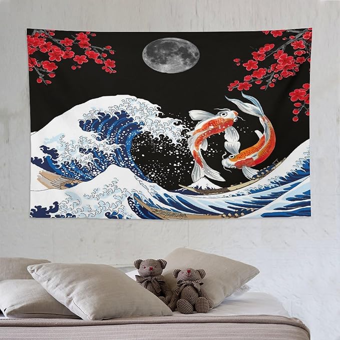 Houselerax Japanese Koi Fish Tapestry, Yin Yang Big Wave Red Cherry Blossom Tapestries Wall Hanging for Bedroom Living Room Office Decor 90"x60"-Ruum Studio Home