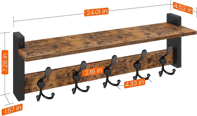 Homode Rustic Brown Wall Mount Coat Rack with Shelf and 5 Tri Hooks, Wood Coat Hangers for Hanging Hat, Towel, Purse, Jacket-Ruum Studio Home