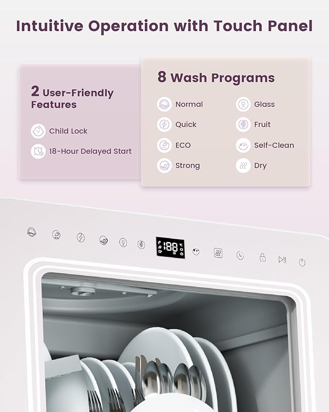 HAVA Countertop Dishwasher with Water Softener and Enhanced Energy Efficiency, Portable Dishwasher with 8 Wash Programs, Child Lock & Delayed Start Function, No Installation Needed - Misty Lilac-Ruum Studio Home