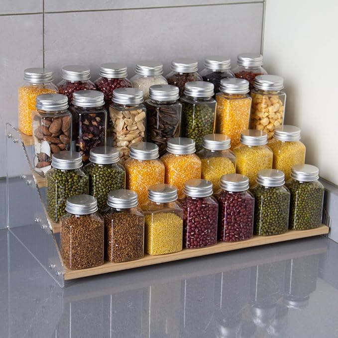 nianfeng Tiered Spice Rack, 4-Tier Spice Pantry Kitchen Cabinet Organizer, 16-Inch, Natural Wood Acrylic Stair Riser Stand, Countertop Seasoning Shelf-Ruum Studio Home