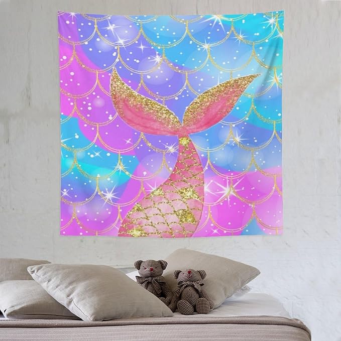 HZOHNAGO Mermaid Scales Tapestry Colorful Shiny Scales Mermaid Tail Pattern Printed Wall Tapestry Wall Hanging for Bedroom Living Room Dorm 60" W x 60" H-Ruum Studio Home