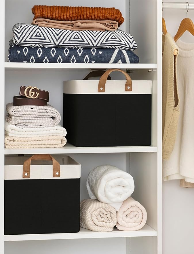 StorageWorks Storage Bins, Fabric Storage Bins for Shelves, Large Storage Baskets with Metal Frame, Closet Baskets and Bins with Handles, Black and White, 2-Pack-Ruum Studio Home