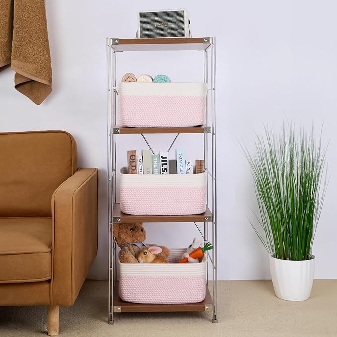 Large Storage Baskets for Shelves, Closet Organizers Bins for Clothes Blanket Towels, Baby Nursery, Toy Baskets Box, Woven Rope Baskets, 17 x 13 x 7.5”, 3 Packs Woven Pink-Ruum Studio Home