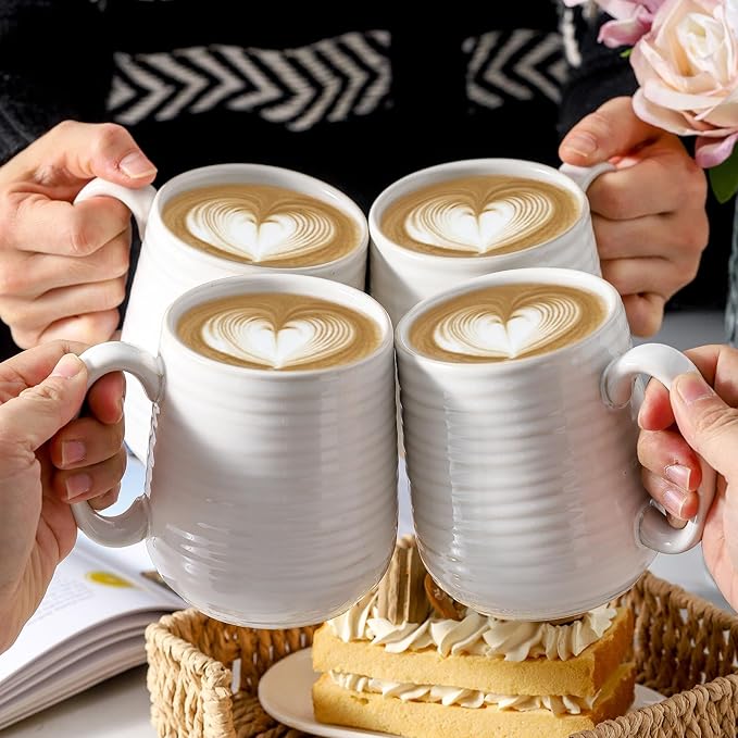 Hasense Coffee Mugs, 12 Ounce Ceramic Coffee Cups Set of 4, Latte Mug with Handle for Milk, Cocoa, Cappuccino, Tea Cup for Wedding Gift, Dishwasher Microwave Safe, Clay-Infused White-Ruum Studio Home