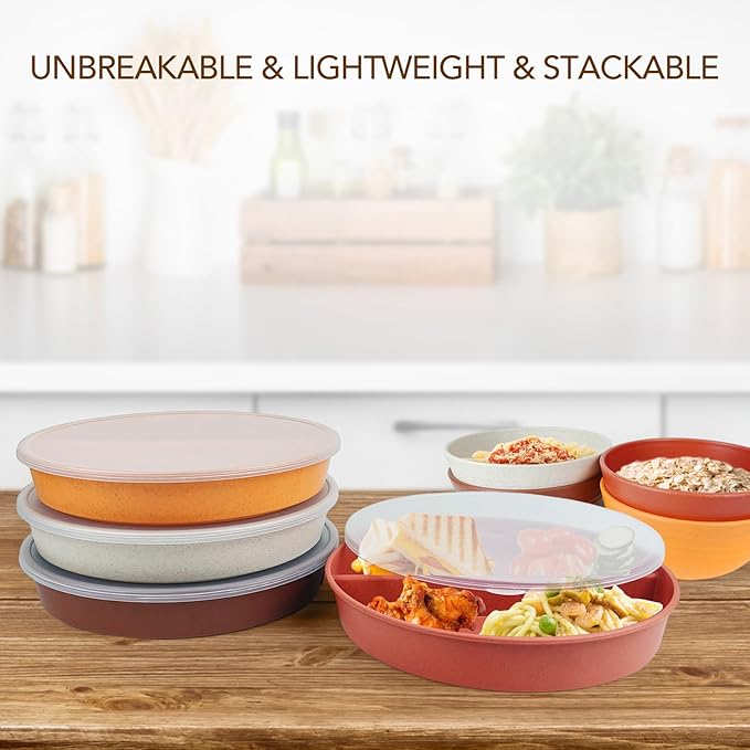 greenandlife 9 Inch 4PCS Portion Control Plates with Lids, Divided Plates for Kids Adults, Dishwasher Microwave Safe Compartment Plate Set, Unbreakable Lightweight Reusable Wheat Straw Plate, Sunset-Ruum Studio Home