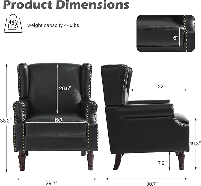 UIXE PU Leather High Back Accent Chair, Upholstered Armchair for Living Room, Retro Wingback Arm Chair Nailhead Trim Single Sofa Bedroom Reading Seat with Solid Wood Legs - Black-Ruum Studio Home