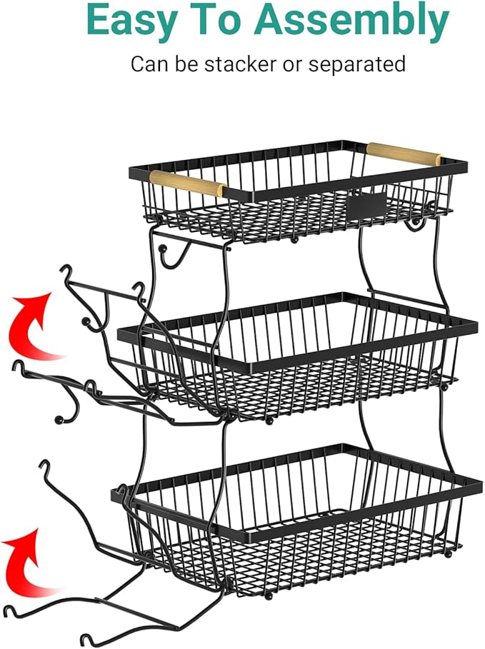 3 Tier Fruit Basket for Kitchen Counter with 2 Banana Hangers, Countertop Metal Fruit Bowl with Wooden Handle, Large Storage Stand for Vegetables, Snacks, Breads, Produce Storage – Black-Ruum Studio Home