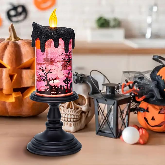 Halloween Snow Globe Candles Lighted Lamp, Lighted Flameless Candles with Water Glitter Swirls and Spooky Moving,Battery Operated-Ruum Studio Home