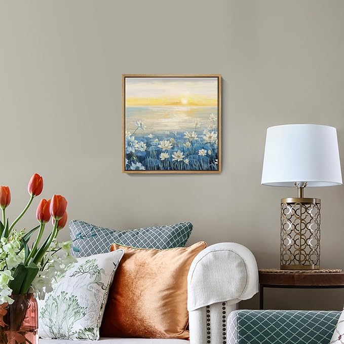 Bathroom Decor Wall Art-Framed Canvas Wall Art Modern Beach Coastal Floral Sunset Boho Ocean Artwork Blue Yellow Lotus Flower Zen Wall Picture for Bedroom Kitchen Office Small-Ruum Studio Home