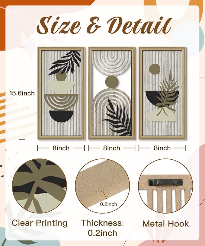 Putuo Decor Boho Abstract Wall Art, Set of 3, Modern Geometric Botanical Wooden Wall Decor, Mid-Century Minimalist Framed Artwork, Neutral Toned Aesthetic Prints, for Living Room, Bedroom, Office-Ruum Studio Home