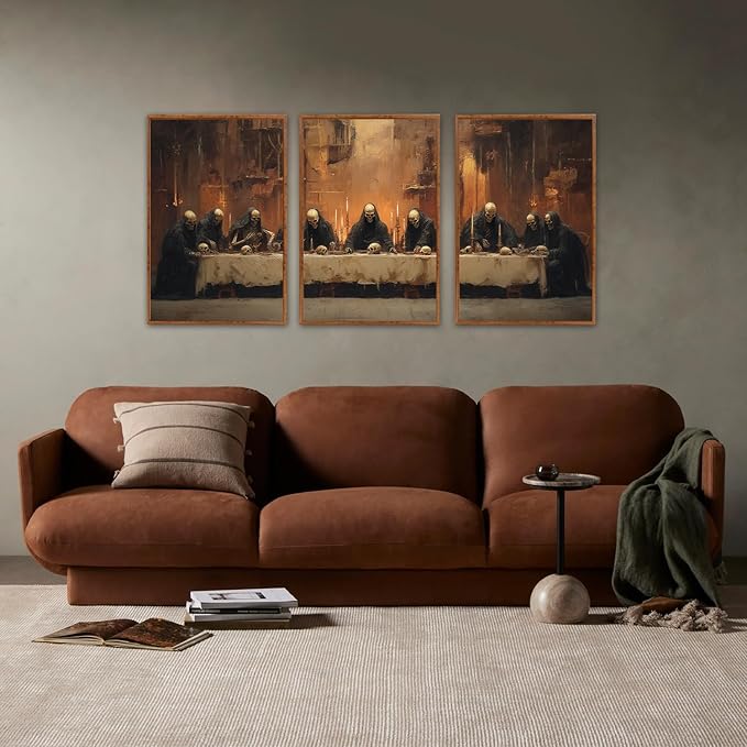 KAIRNE Framed Skeleton Canvas Wall Art,Abstract Retro Skull Pictures Set of 3(16”X24”),Scary Halloween Prints,Horror Wall Art,Skeleton Last Supper Posters for Living Room Bedroom Ding Room Decoration-Ruum Studio Home
