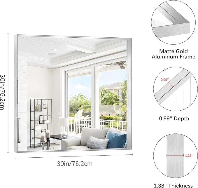 Silver Bathroom Mirror, 30x30 Inch Rectangular Framed Mirror, Large Wall Mounted Bathroom Vanity Mirror Over Sink for Bedroom,Restroom, Living Room, Hangs Vertically or Horizontally-Ruum Studio Home