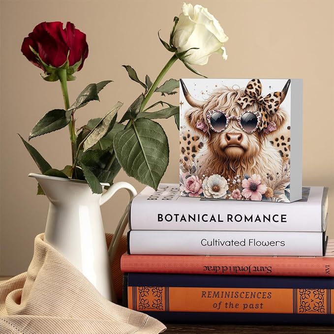 Highland Cow Decor, Highland Cow Gifts for women, Cow With Leopard Bow, Highland Cow Nursery Decor, Wooden Box Decor Sign for Home Farmhouse Office Living Room Table Shelf-Ruum Studio Home