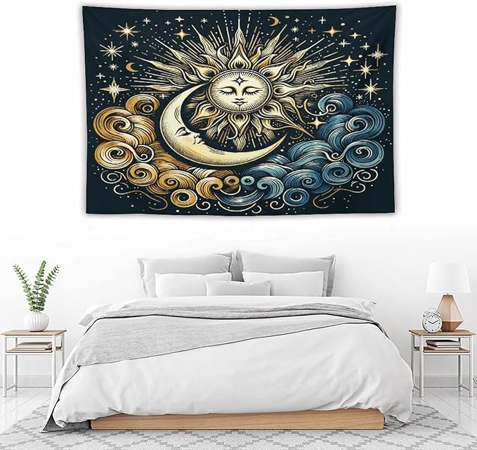 HZOHNAGO Sun Moon Tapestry Boho Golden Stars Pattern Printed Wall Tapestry Wall Hanging for Bedroom Living Room Dorm 90" W x 60" H-Ruum Studio Home