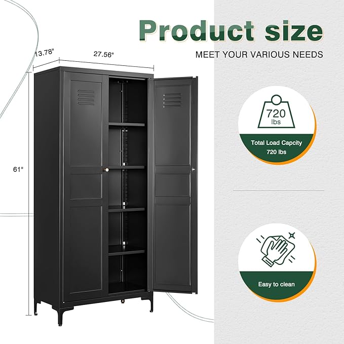Letaya Black Storage Cabinet with Feets-Metal Home Kitchen Pantry Cabinets with Doors and Adjustable Shelves,Organization Locker for Cupboard/Bedroom/Dining/Living/Bathroom/Office/Garage Room (Black)-Ruum Studio Home