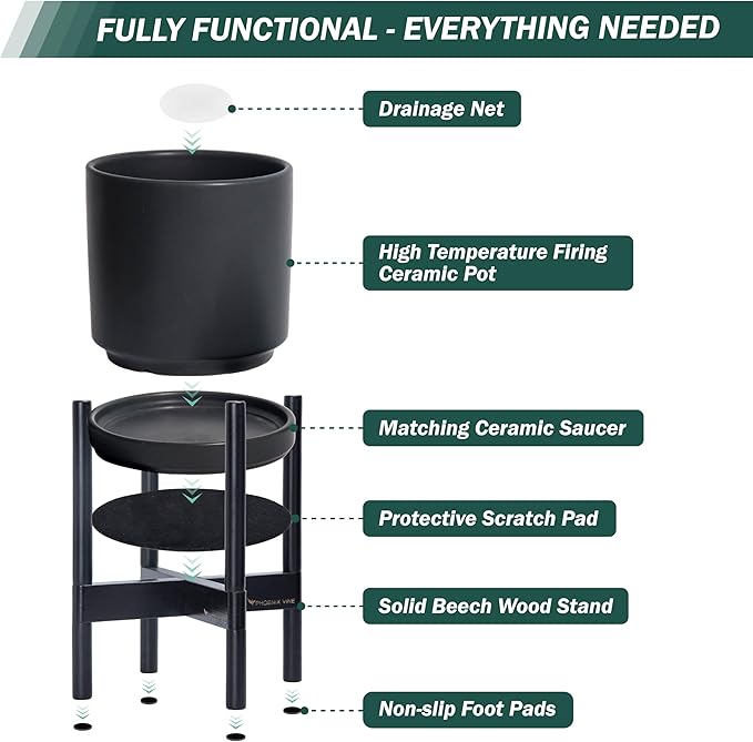 D'vine Dev Ceramic Planter with Ebony Stand - 10 Inch Modern Round Flower Pot with Wood Planter Holder, Black, 55-B-L-2-Ruum Studio Home