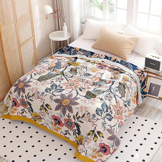 Boho Muslin Blanket for Adults 6-Layer Gauze 80 x 90 Inches Soft Cozy 100% Cotton Summer Cooling Blanket Floral Farmhouse Home Decor Sofa Bed Coverlet Both Sides (Boho Floral, 80 x 90 in)-Ruum Studio Home