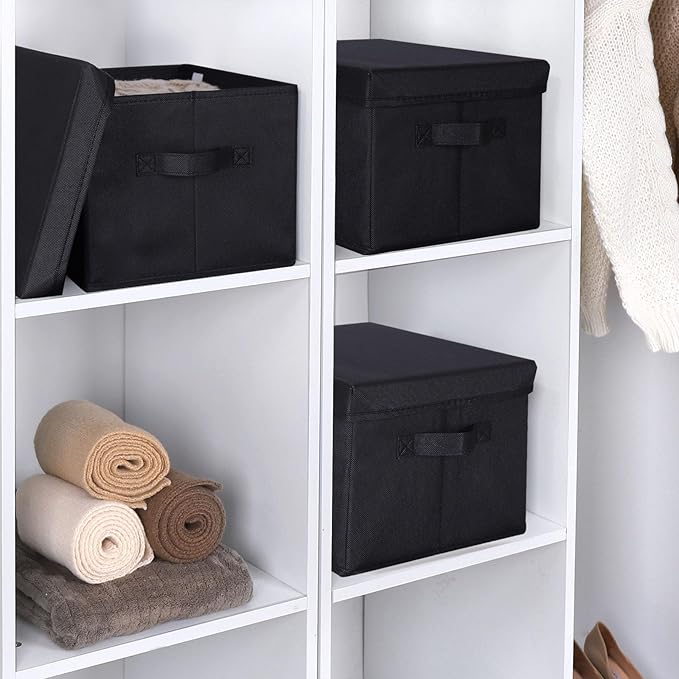 WUIKE 3 Pack Large Fabric Storage Bins with Lids, Decorative Storage Boxes with Handles, Storage Baskets for Shelves, Foldable Storage Containers, Closet Organizers for Towels, Clothes, Black-Ruum Studio Home