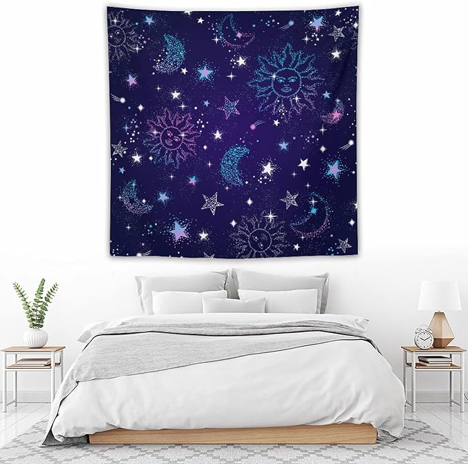 HZOHNAGO Boho Sun Moon Tapestry Purple Blue Sun Stars Galaxy Pattern Printed Wall Tapestry Wall Hanging for Bedroom Living Room Dorm 60" W x 60" H-Ruum Studio Home