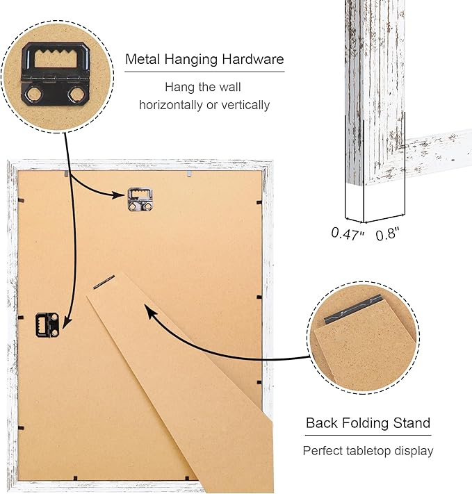 11x14 Picture Frame Set of 4, 11 x 14 Wood Photo Frames with Mat for 8x10, Rustic Natural Wooden Frame with Real Glass Cover for Wall and Tabletop Display,Distressed White-Ruum Studio Home