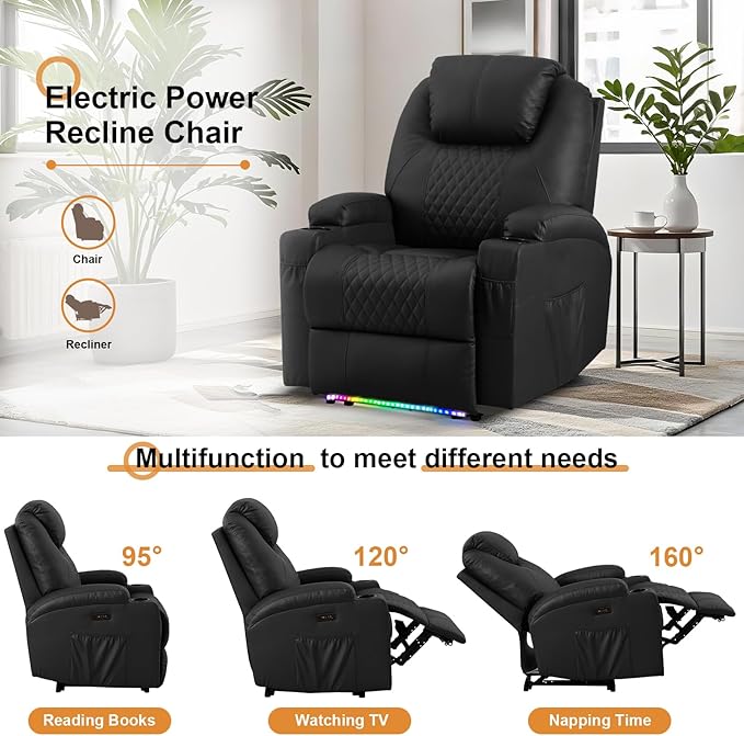 AHMED Power Recliner Chair with Vibration Massage & Heat for Adults, Faux Leather Home Theater Seating with Cup Holders/LED Lights/USB Ports/Side Pockets for Living Room, Black-Ruum Studio Home