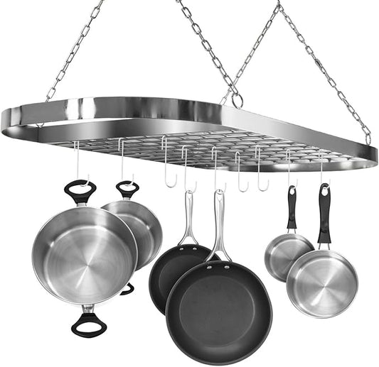 Sorbus® Pot and Pan Rack for Ceiling with Hooks — Decorative Oval Mounted Storage Rack — Multi-Purpose Organizer for Home, Restaurant, Kitchen Cookware, Utensils, Books, Household (Hanging Chrome)-Ruum Studio Home