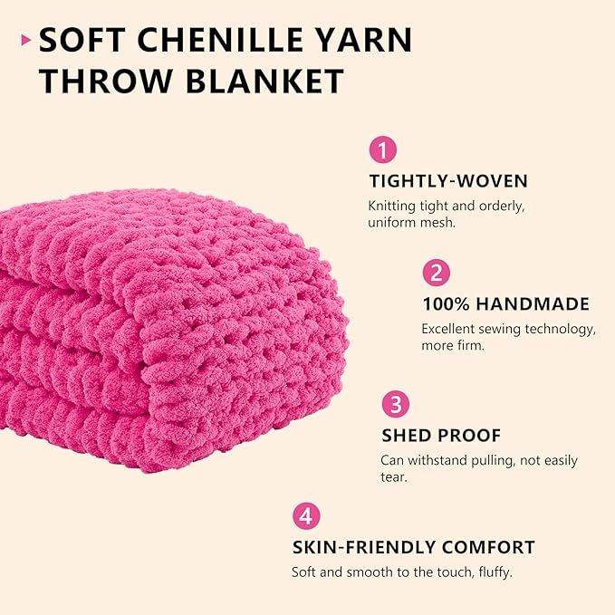 L'AGRATY Chunky Knit Blanket Throw: 50''x60'' Chenille Chunky Knitted Throw Blanket for Bed Couch - Handmade Thick Big Cable Knit Blankets - Large Crochet Rope Blanket for Home Decor(Hot Pink)-Ruum Studio Home