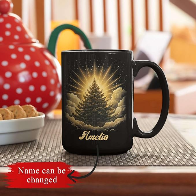 Spiritual Nature Themed Ceramic Cup, Custom Name Coffee Mug 11oz or 15oz, Personalized Pine Tree Black Cup for Christmas, Custom Winter Season Coffee Mug, Gifts for Friends, Family-Ruum Studio Home