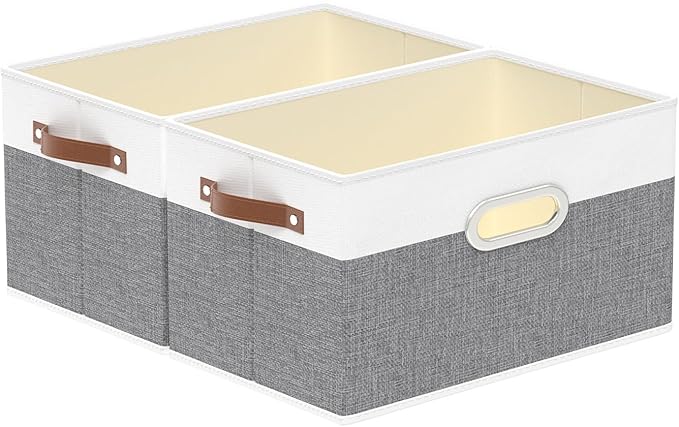 Yawinhe Fabric Storage Baskets, Foldable Closet Organizer for Shelves, Large Boxes with 3 Handles, Canvas Bins for Clothes, White/Grey, 12.99''Lx9.05''Wx7.87''H, 2-Pack-Ruum Studio Home